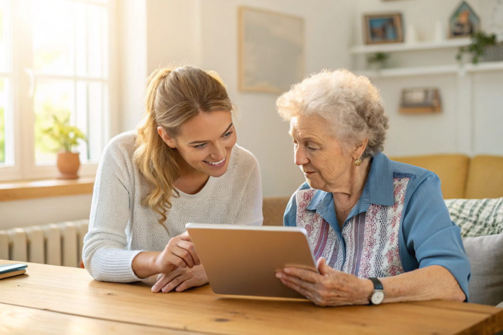 une femme qui apprend à une personne âgée à utiliser les technologies