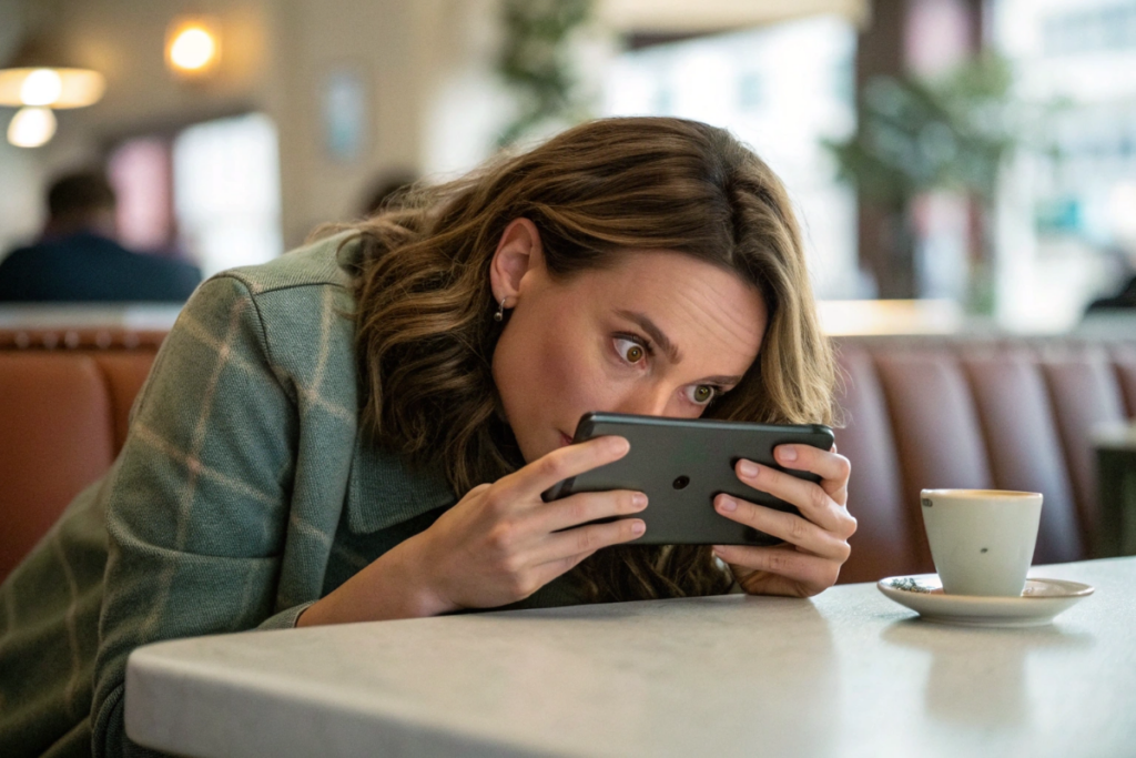 une femme qui essaye d'espionner un téléphone