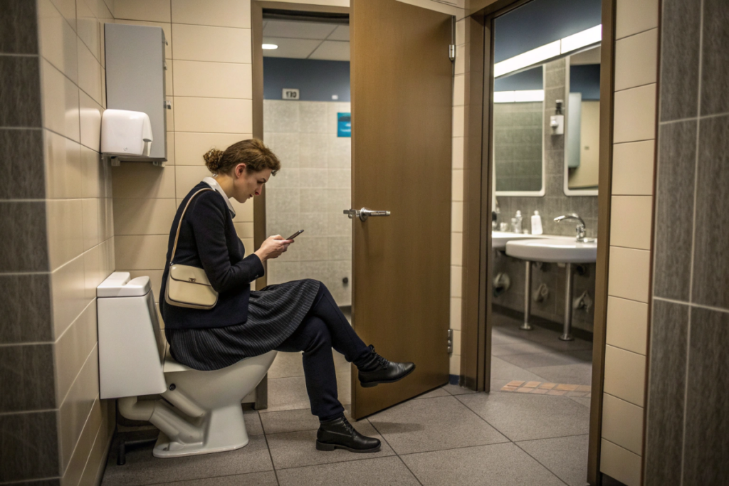 une femme qui utilise son téléphone aux toilettes