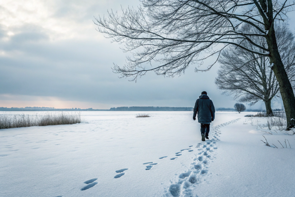 une personne marchant dans la neige pour sa santé mentale