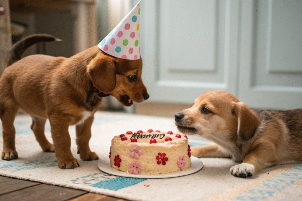une petite chienne qui défend son gâteau d’anniversaire