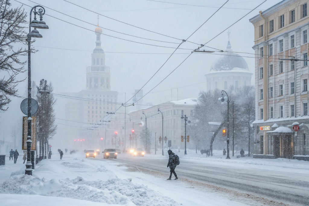une tempête de neige dans une ville russe