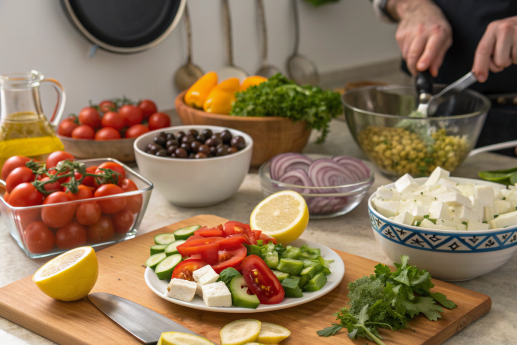 Préparation d’une salade grecque