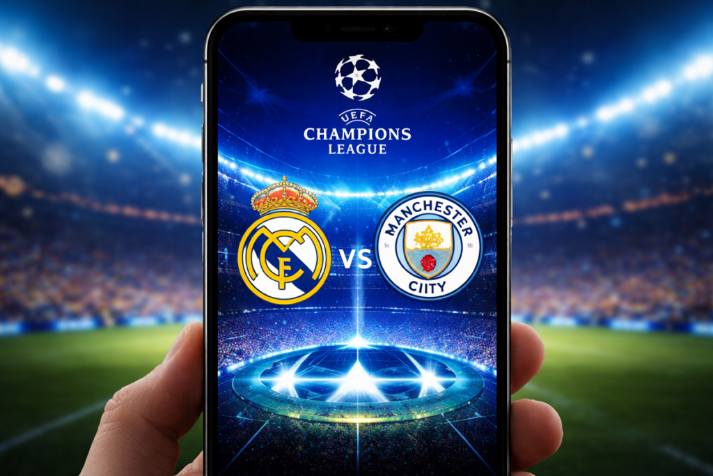 Affiche match de Ligue des Champions entre le Real Madrid et Manchester City
