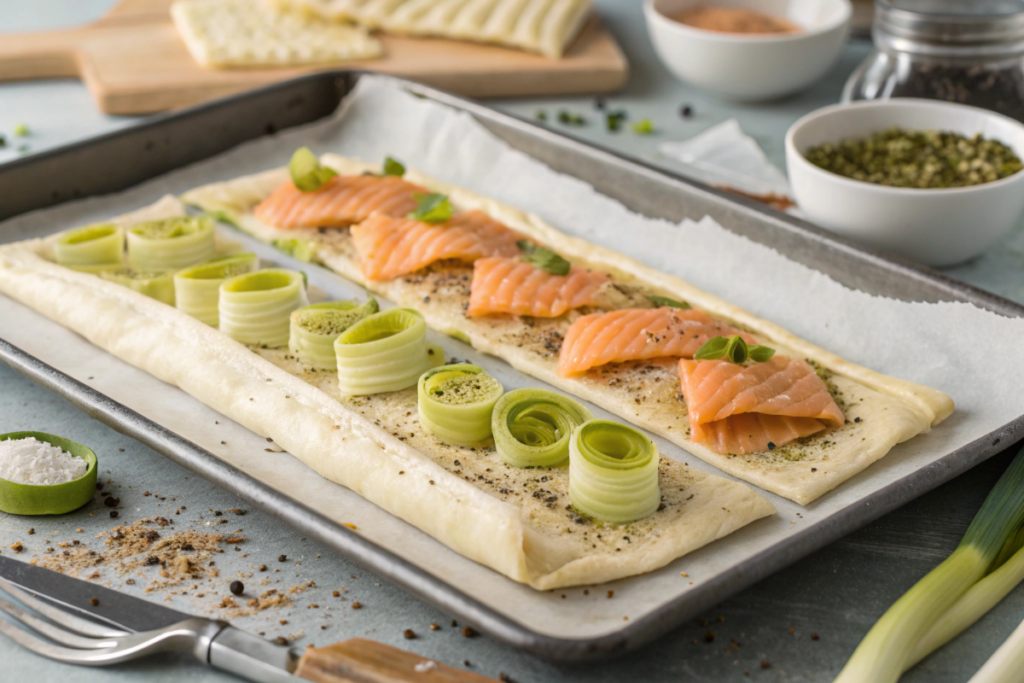 Un feuilleté saumon poireaux aux épices chefclub en préparation