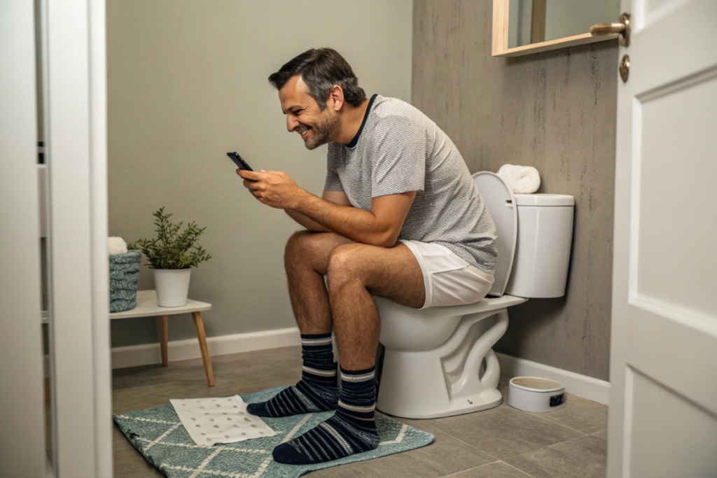Un homme qui utilise son téléphone portable aux toilettes