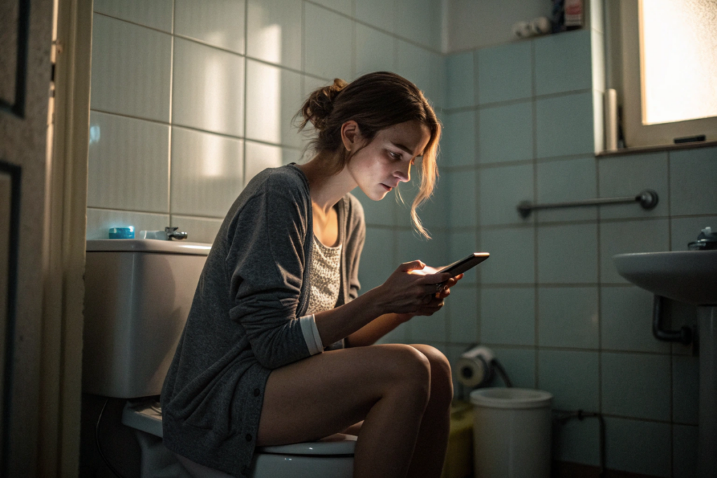 Une femme qui utilise son téléphone portable aux toilettes