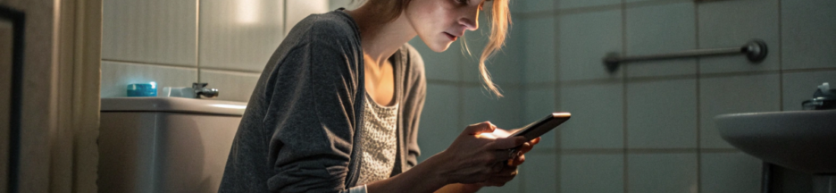 Une femme qui utilise son téléphone portable aux toilettes