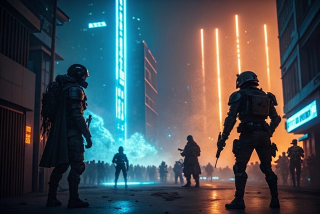 Affrontement épique entre guerrier futuriste et menace extraterrestre