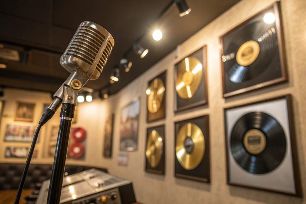 Studio enregistrement avec un micro et des disques au mur