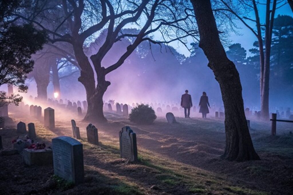 Cimetière sombre avec atmosphère zombie pour comédie horrifique en streaming