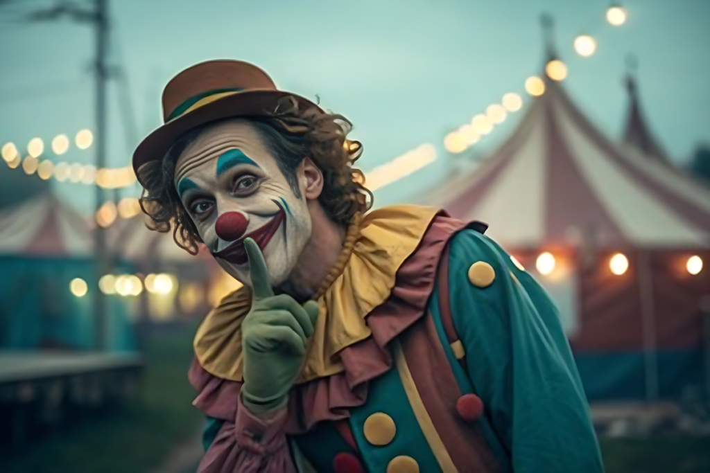 Un clown souriant avec un doigt sur sa bouche