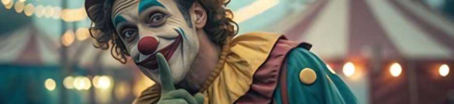 Un clown souriant avec un doigt sur sa bouche