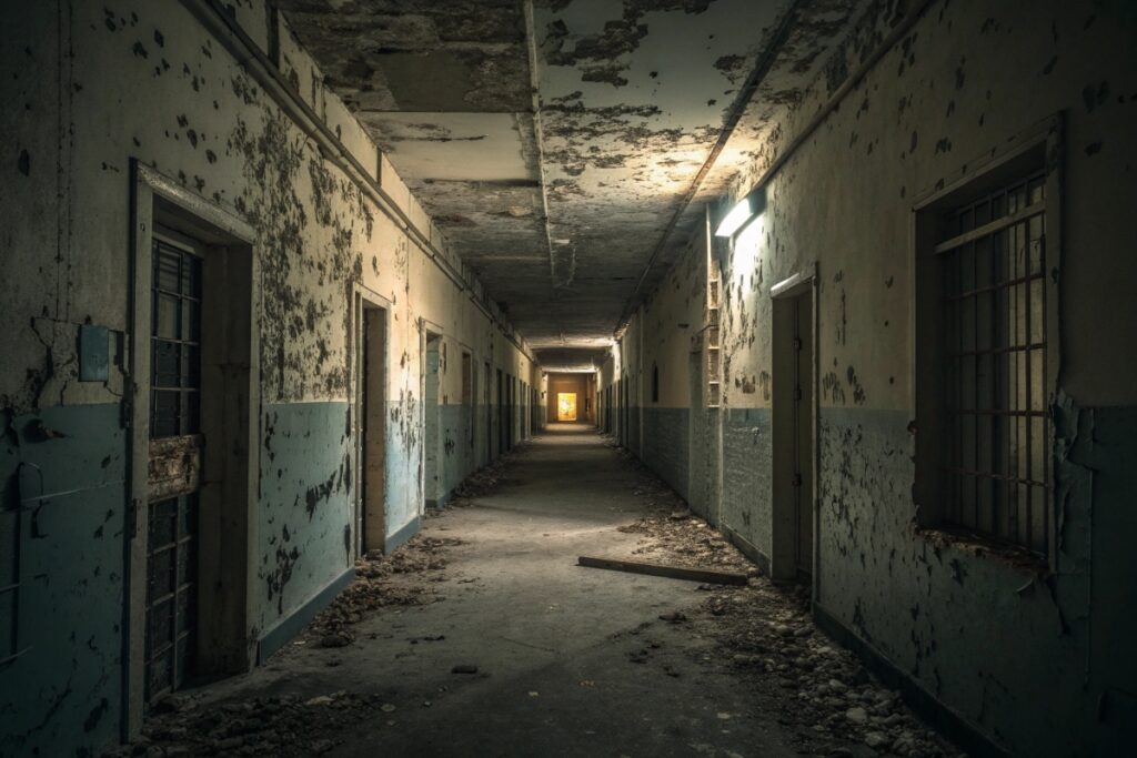 Couloir délabré rappelant le sinistre du thriller Captive  