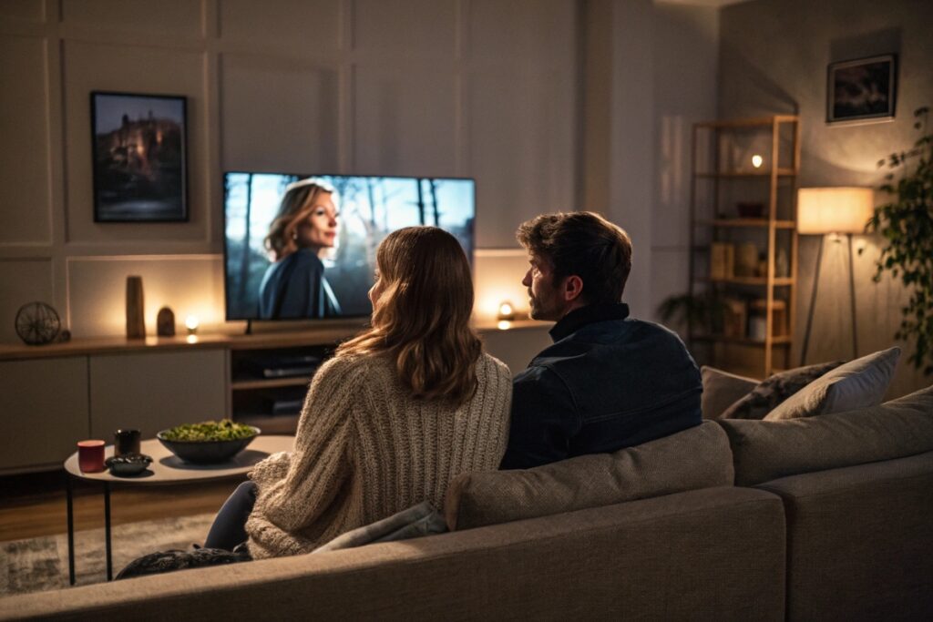 Couple regardant le thriller Dans l'ombre de Marlow