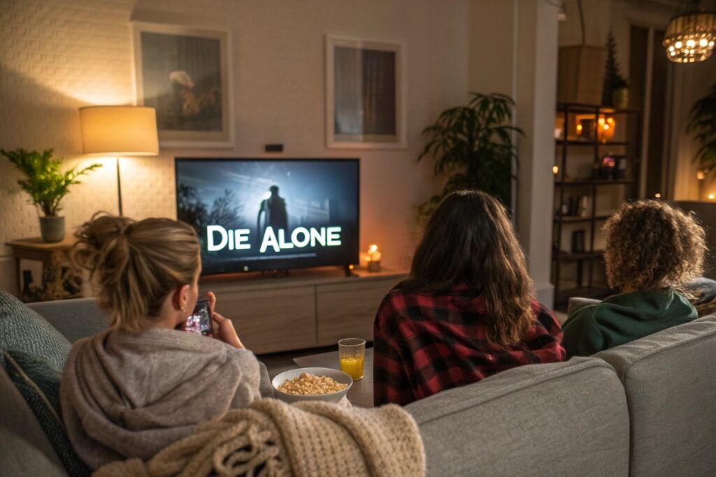 Des amis regardant le film Die Alone