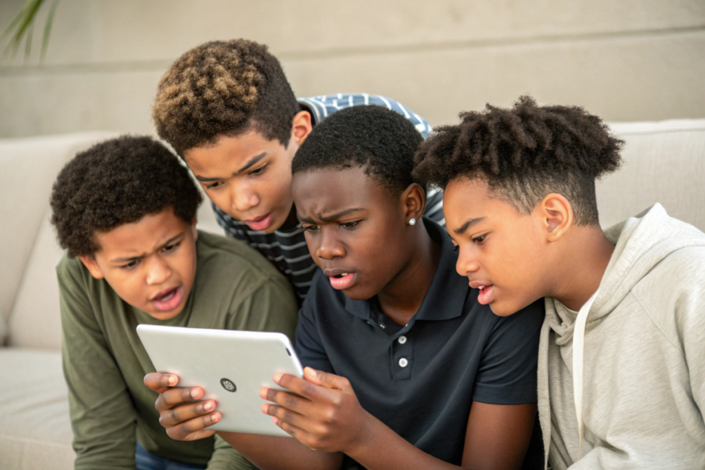des enfants qui regarde un match de football sur une tablette