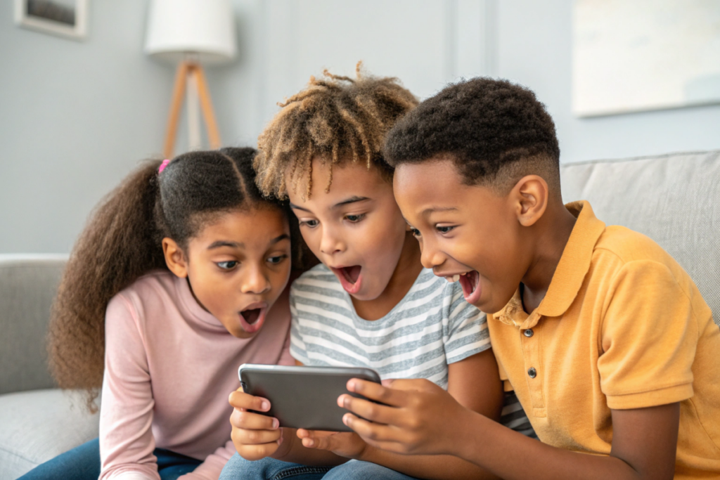 des enfants qui regardent un dessin animé sur un smartphone