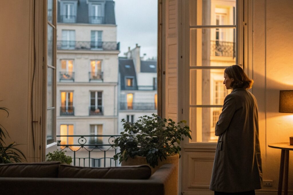 Une femme adulte seule près d’une fenêtre