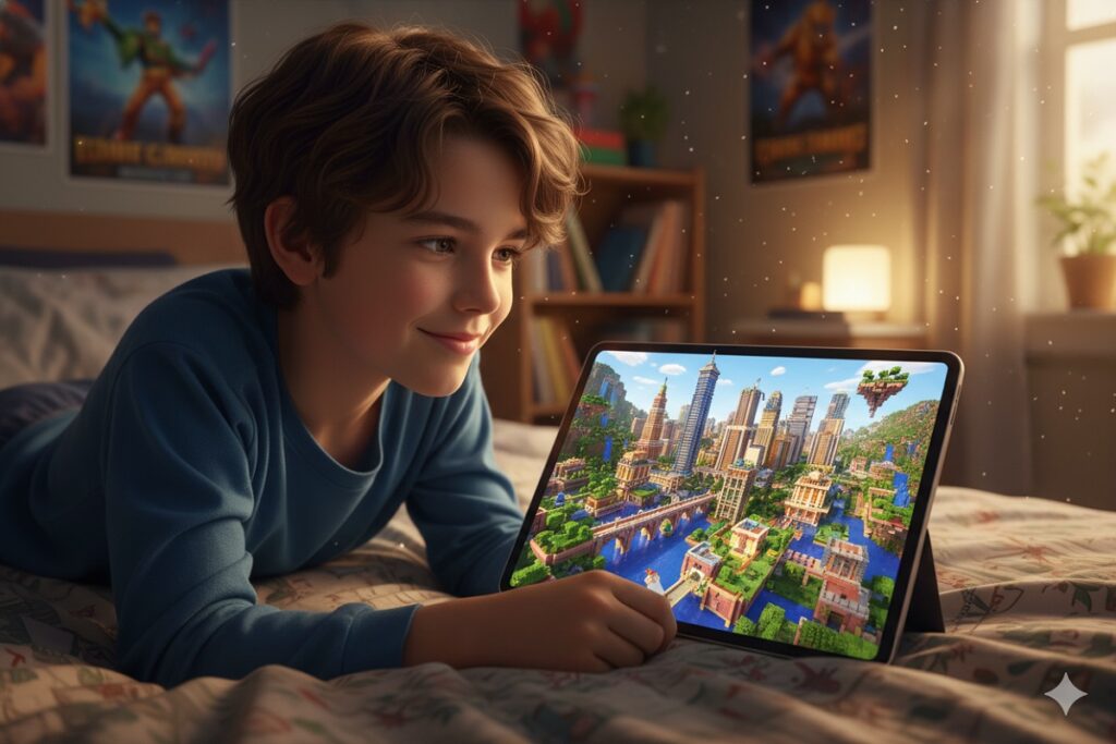 enfant jouant à un jeu comme Minecraft Pocket Edition