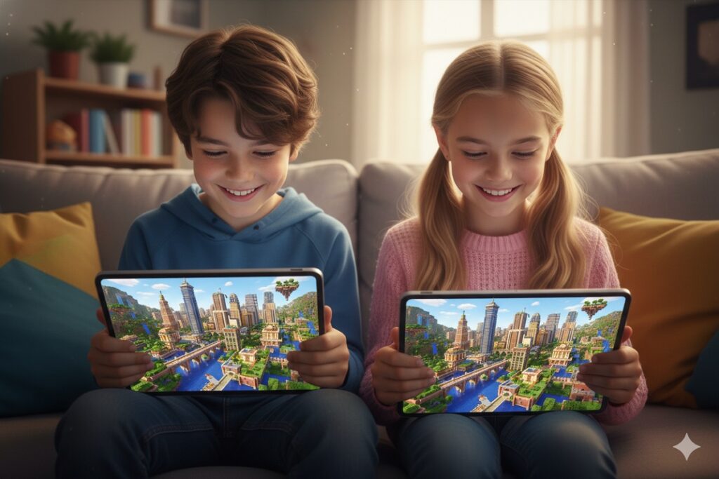 enfant jouant en multijoueur à Minecraft Pocket Edition