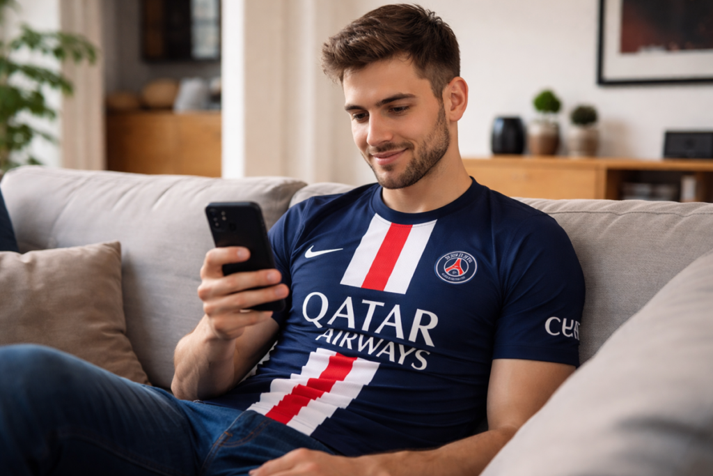 Un fan avec le maillot du PSG avec son smartphone à la main