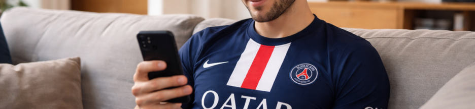 Un fan avec le maillot du PSG avec son smartphone à la main