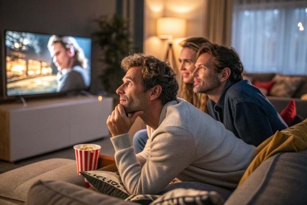 Des amis regardant un film d’action