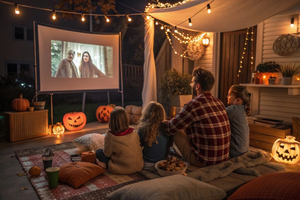 Une famille profitant de film d’Halloween