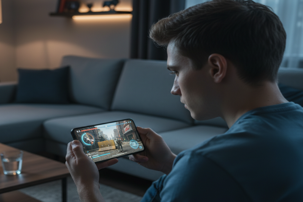 Une personne qui joue à un FPS sur mobile