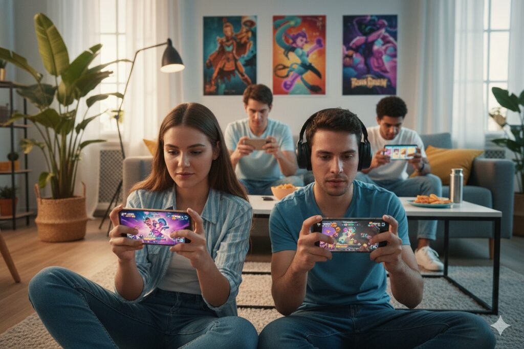 gamers jouant à des jeux dans les charts mobiles