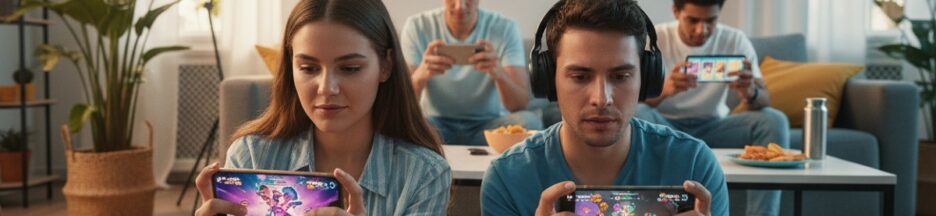 gamers jouant à des jeux dans les charts mobiles