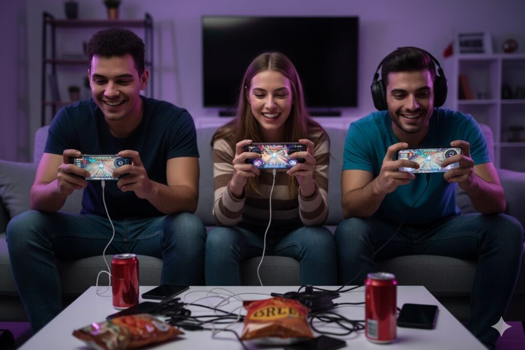 gamers jouant à un jeu comme Sunrise Village sur mobile