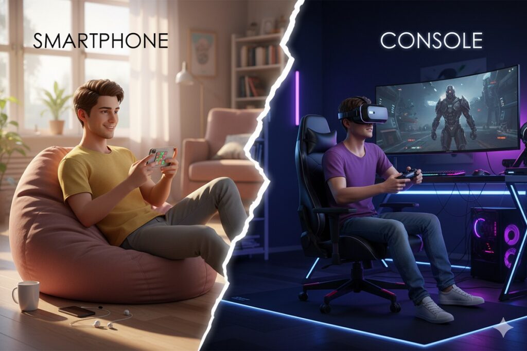 illustration de la différence entre jouer sur smartphone et sur console