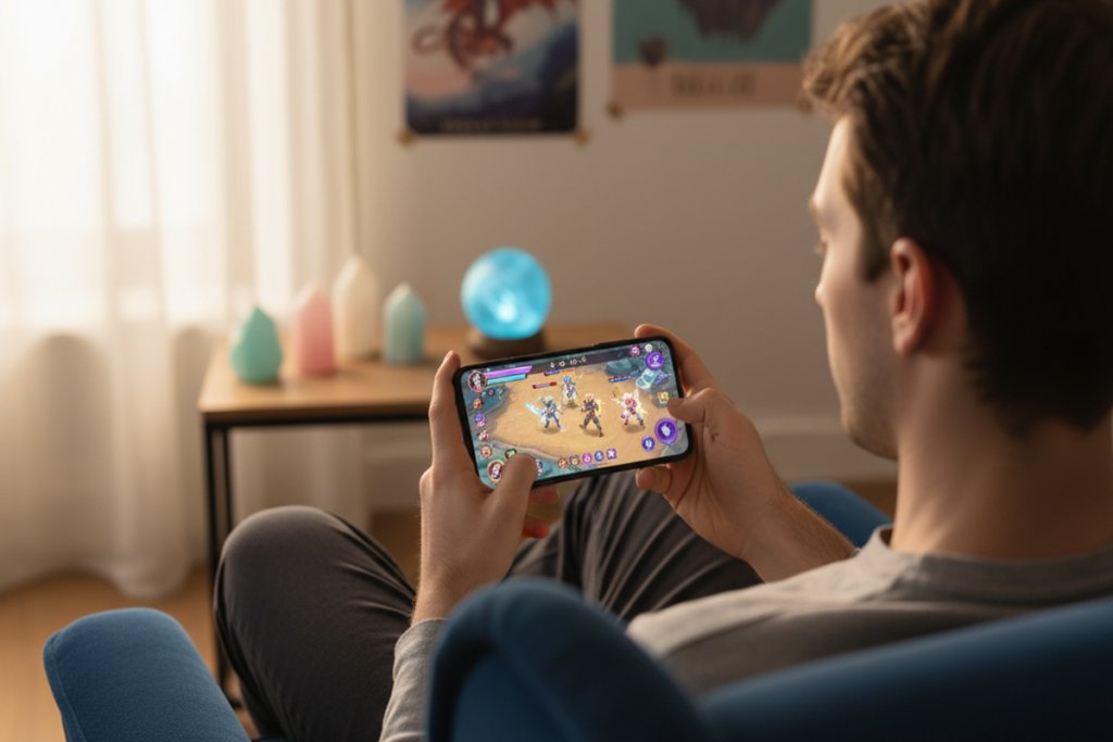 Un homme qui joue à Dissidia Duellum Final Fantasy sur mobile