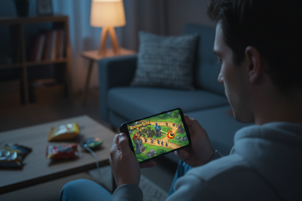 Un homme qui joue à Kingdom Rush sur mobile