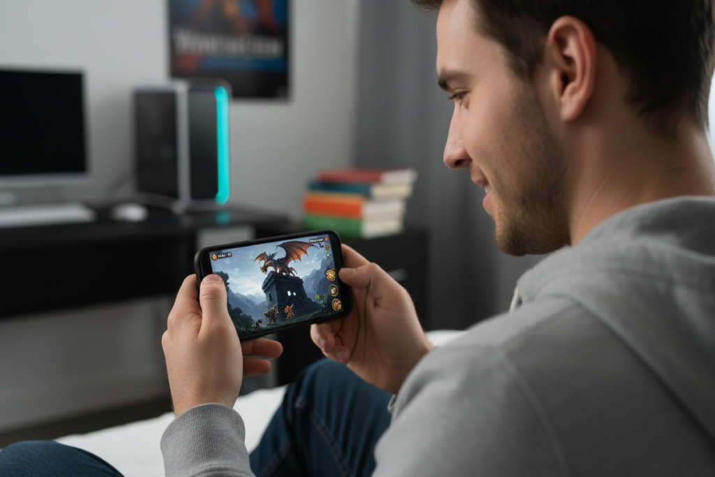 Un homme qui  joue à un jeu de médiéval fantasy