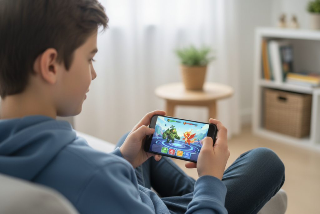 Un adolescent qui joue à Pokémon Champions sur mobile