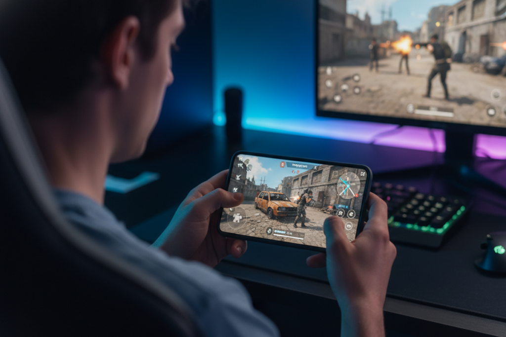 Un joueur de battle royale sur son smartphone