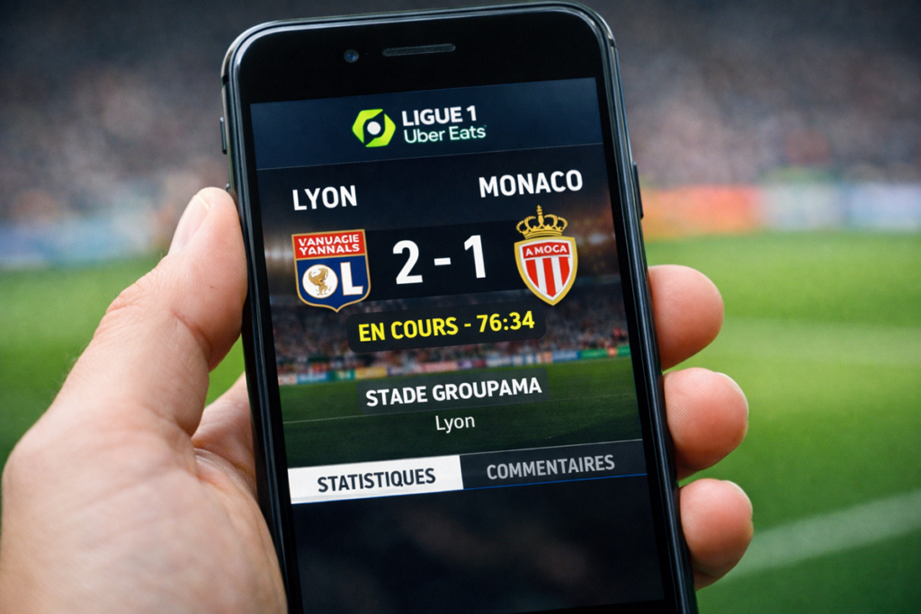 Match de Ligue 1 Lyon vs AS Monaco sur un smartphone
