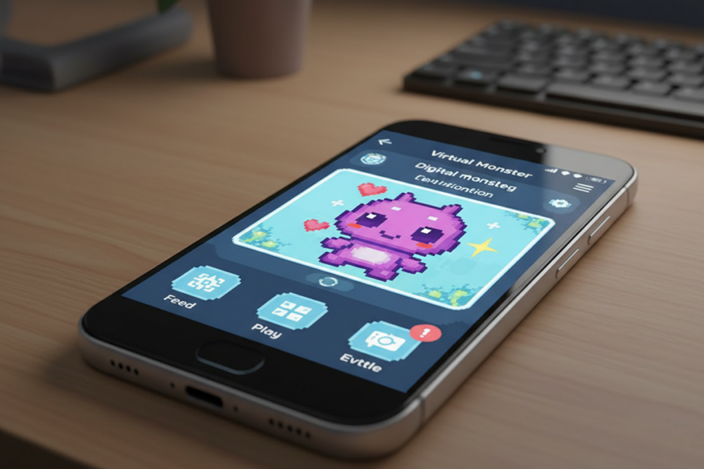 Un smartphone avec une créature en pixel-art