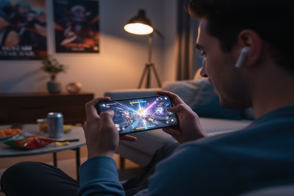 Un joueur sur mobile qui joue à un RPG comme Honkai : Star Rail