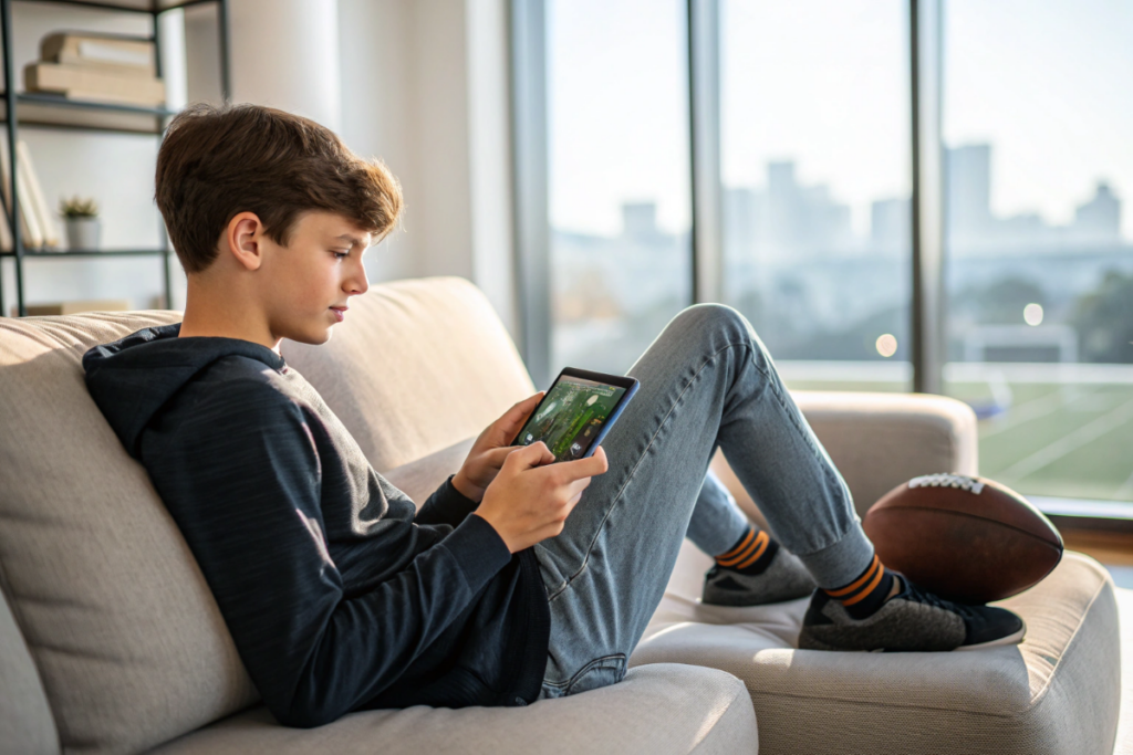 un adolescent qui regarde un match de football sur son smartphone