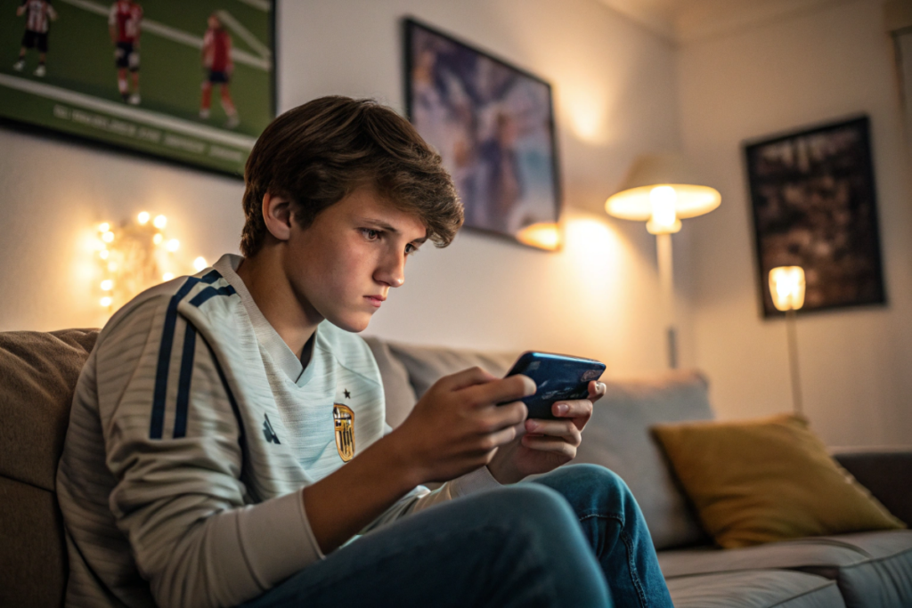 un adolescent qui suit l'actu sport sur son smartphone