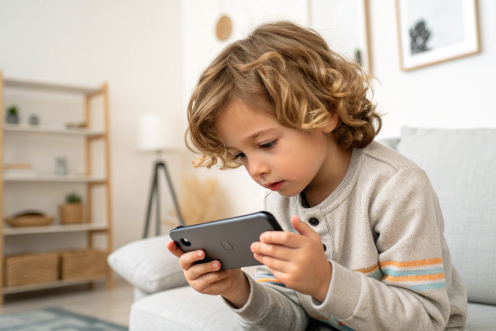 un enfant qui regard un dessin animé sur un smartphone