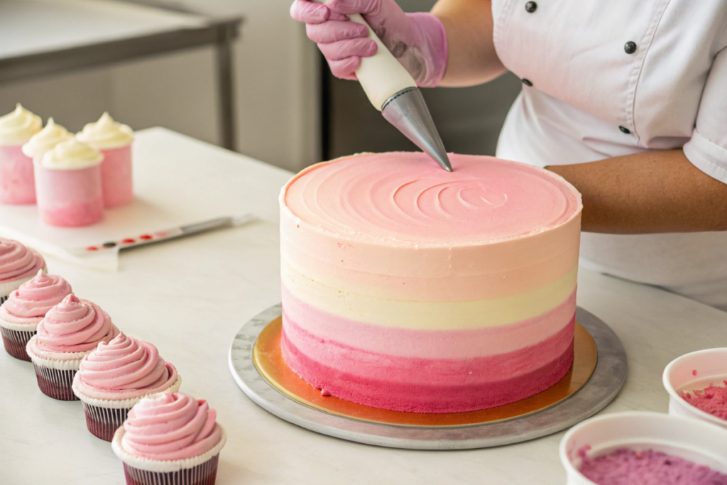 un gâteau ombré rose en préparation