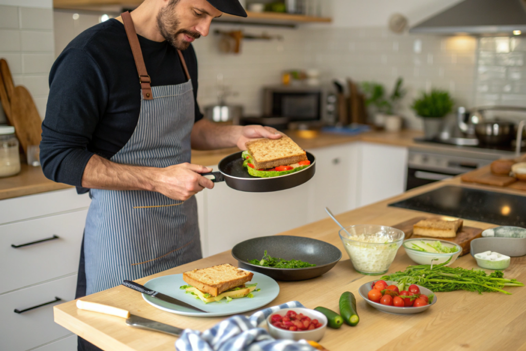 un homme qui prépare un croque-monsieur au vert