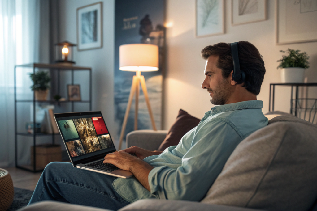 un homme qui regarde des films sur son ordinateur portable