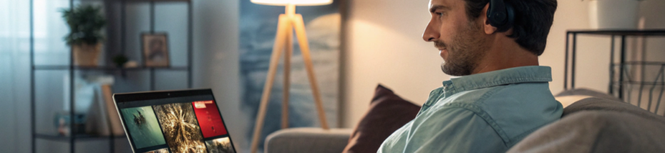 un homme qui regarde des films sur son ordinateur portable