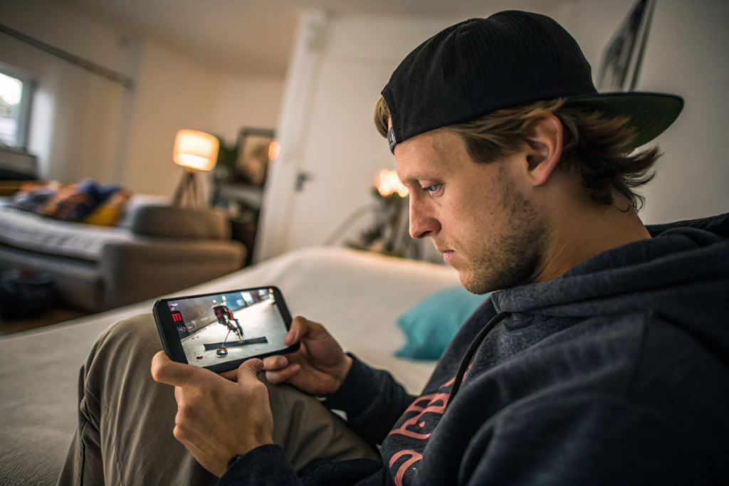 un homme qui regarde des vidéos de skateboard sur son smartphone